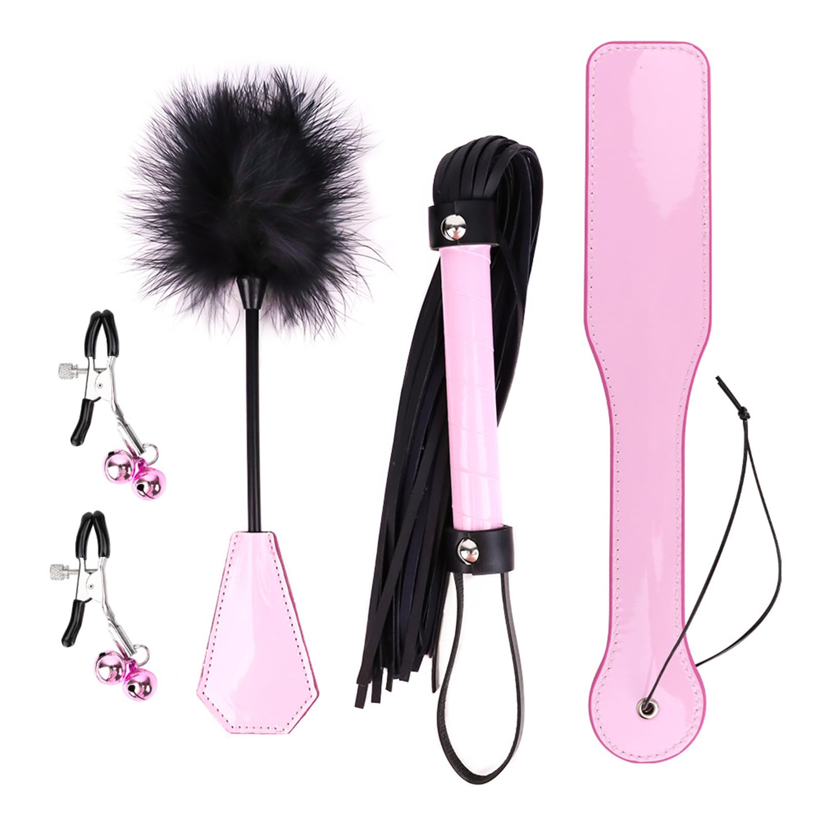 Amazon.com: Glossy Leather Slapping Paddle Fluffy Feather Tickler Leather  Whip Set with Bell Nipple Clamp Female Couple Flirting Sex Toys : Health &  Household