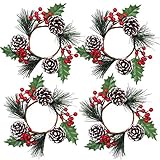 4 pcs Artificial Snowy Pine Cone and Red Berry Candle Rings Christmas Candle Holder Rings Candle...