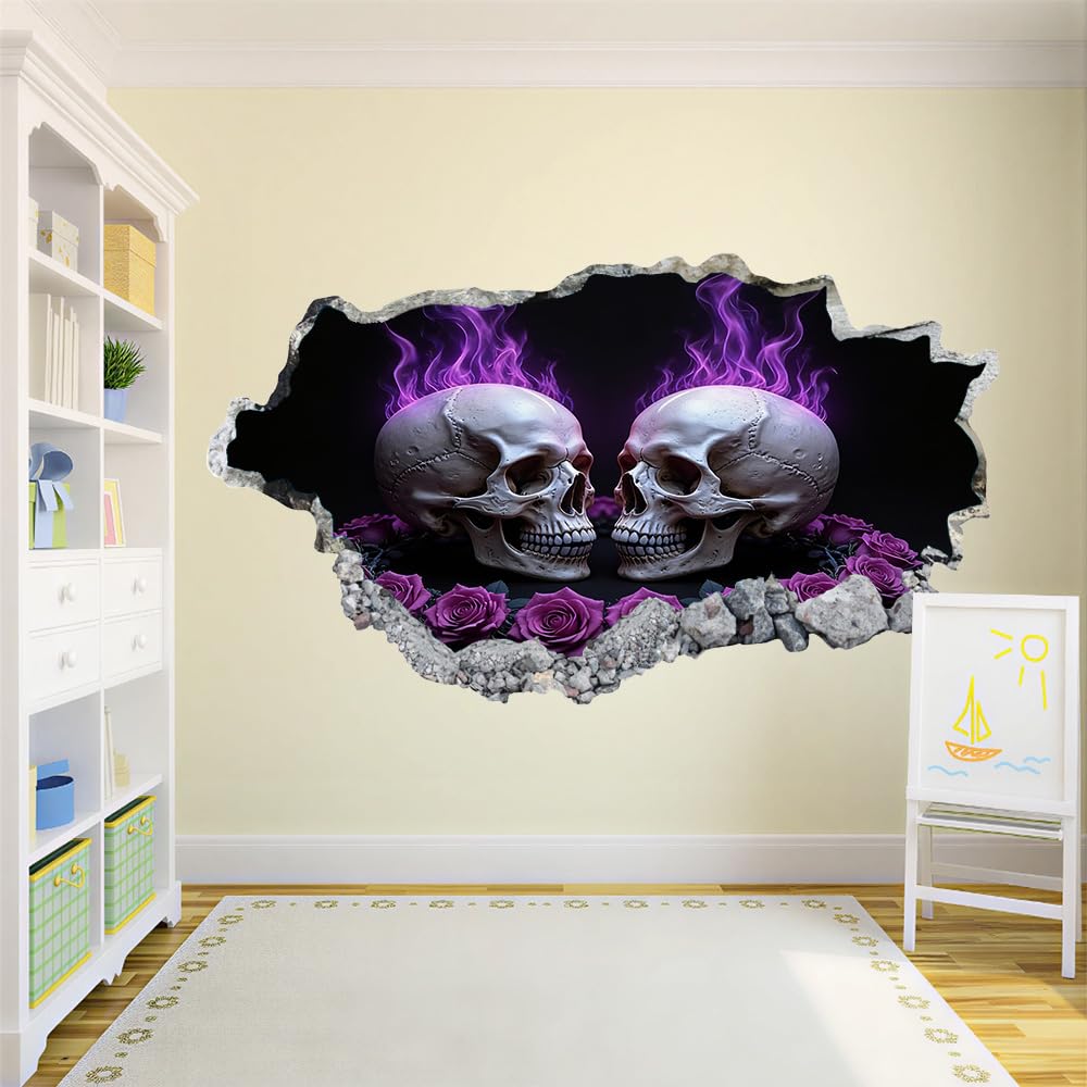 Decalcomanie da muro Art 3D Fracassato Cranio Adesivi murali removibili Fumo Viola Carta da parati Camera da letto autoadesivo per ragazze Camera da letto Nursery Home Decor Gift