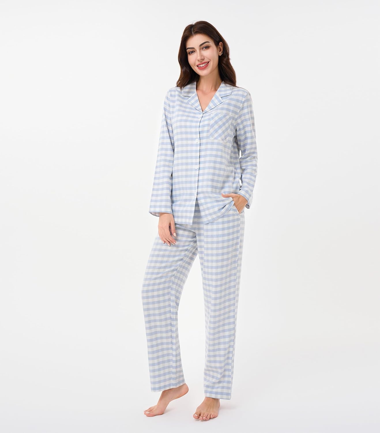 DAVID ARCHY 100% Cotton Pajamas for Women Soft 2 Piece Plaid PJS Sleepwear Loungewear Sets for Women Button Long Sleeve