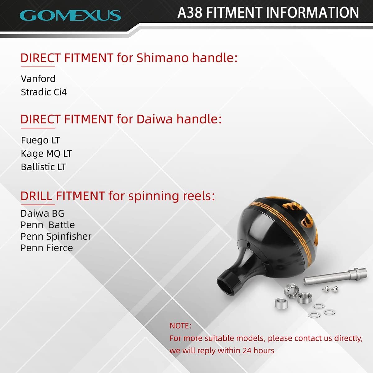 Compatibility chart for Gomexus A38 power knob with various Shimano and Daiwa reel models.