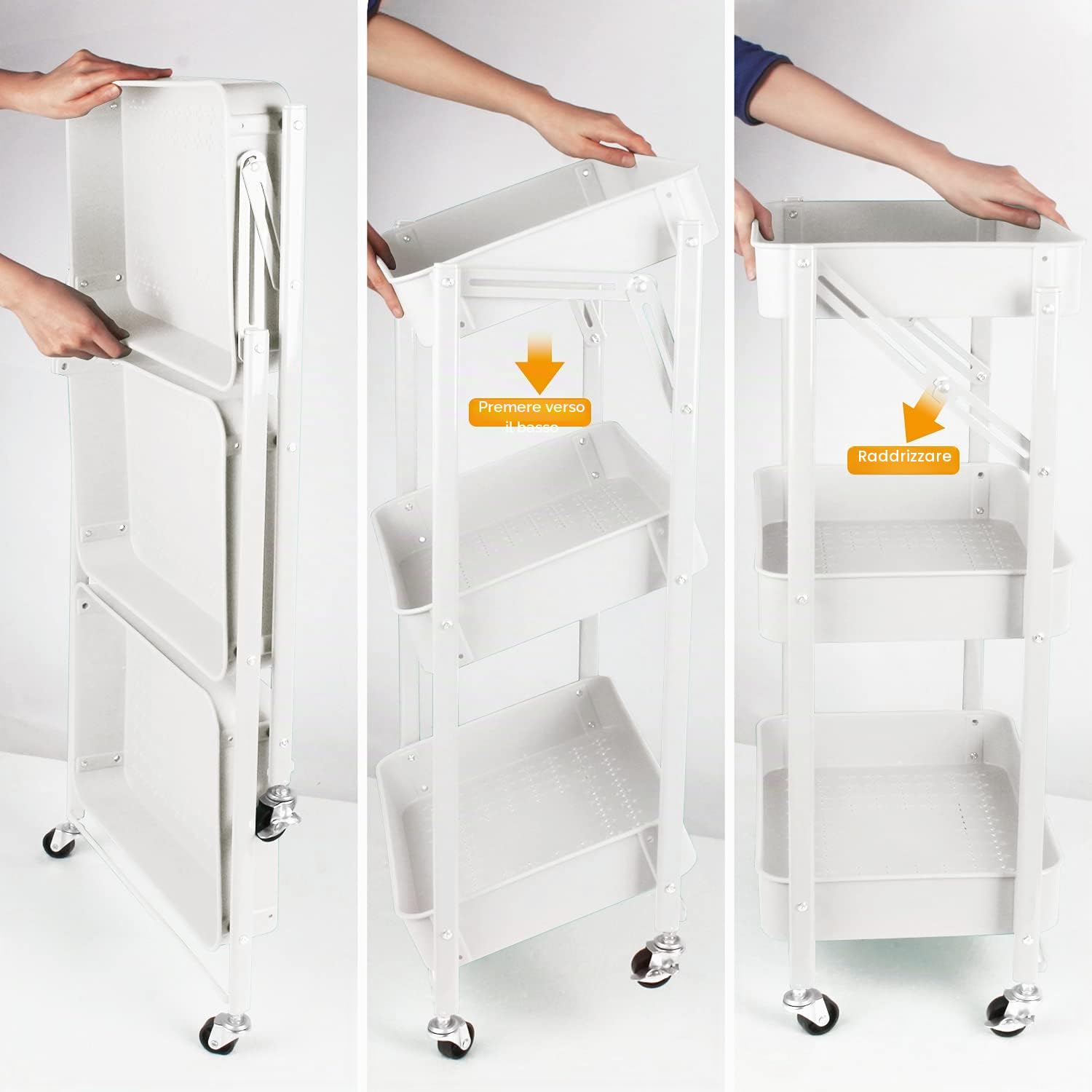 Todeco Carrello pieghevole a 3 livelli, carrello da cucina, senza assemblaggio, 46 x 29 x 78 cm, per cucina, ufficio, bagno, guardaroba, bianco