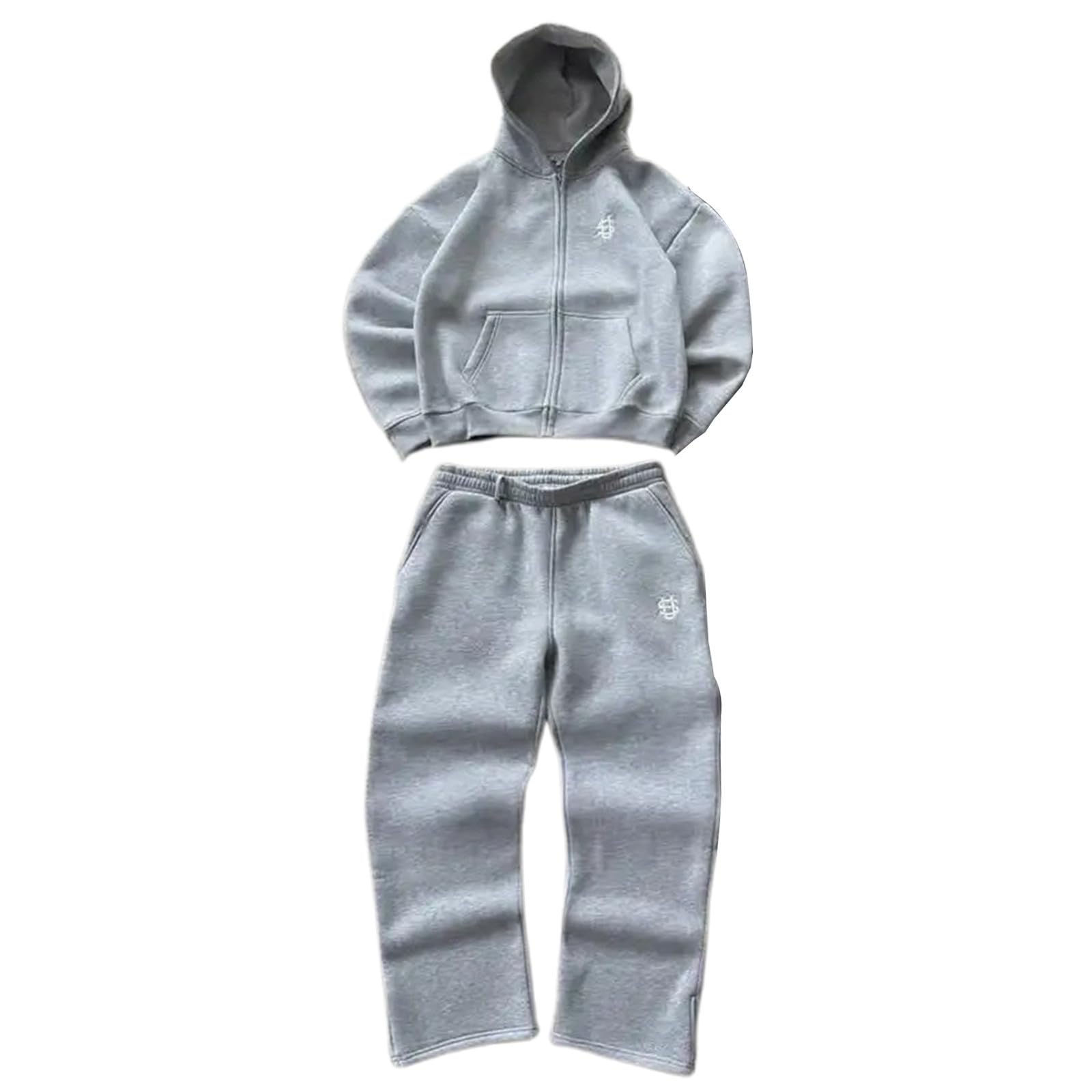 Generisch Trainingsanzug Herren Set Jogginganzug Y2K Einfarbig Casual Hoodie Freizeitanzug Reißverschluss Tracksuit Sportanzug mit Kapuze und Taschen Streetwear Sportbekleidung Hausanzug
