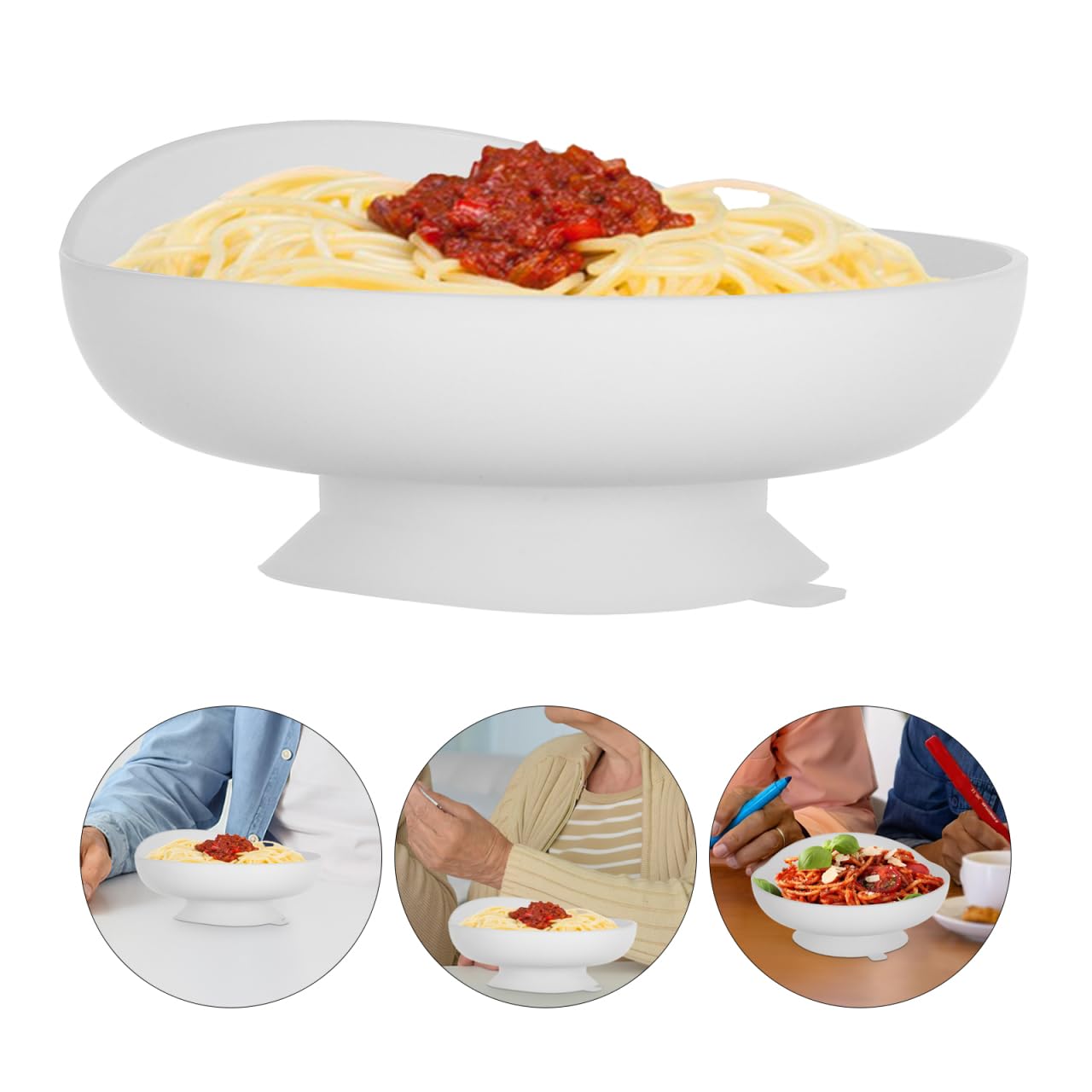 Tazón de Comida Autoalimentable Blanco de Silicona Pp Antisalpicaduras | Vajilla para Mayores y Pacientes con Discapacidad, Construcción Hermética, Apoyo Diario en Mesa