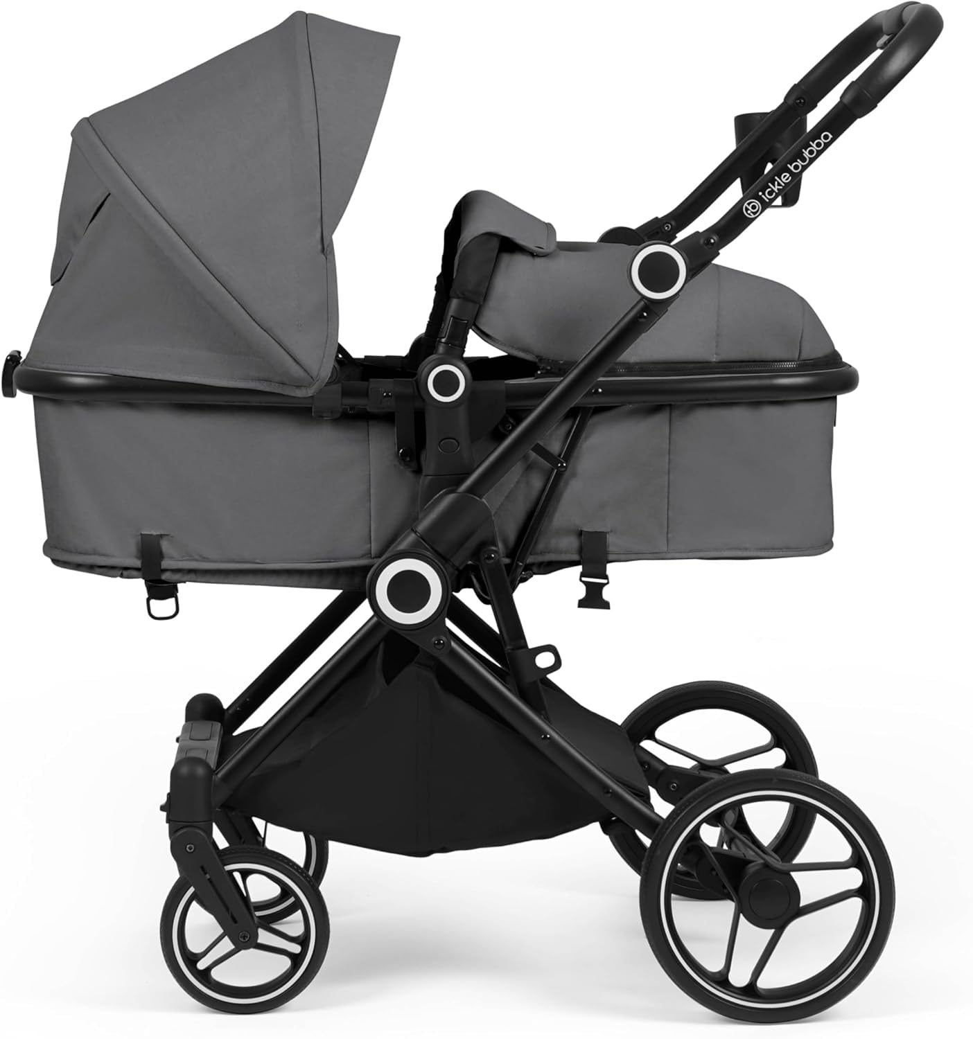 Ickle Bubba Atom 3w1 z fotelikiem Cirrus i bazą ISOFIX – kompaktowy, lekki wózek od urodzenia do 22 kg, idealny system podróżny i-Size (Grafitowy Szary)