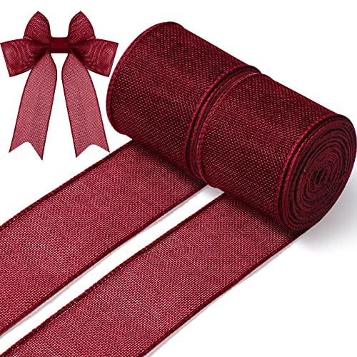 Shappy 2 Rolls Burgundy Burlap Ribbon 20 Yards 2.5 Inch Maroon Ribbons Wine Red Wired Edge for Wreaths Wrapping Bows Craft Home Wedding Decoration