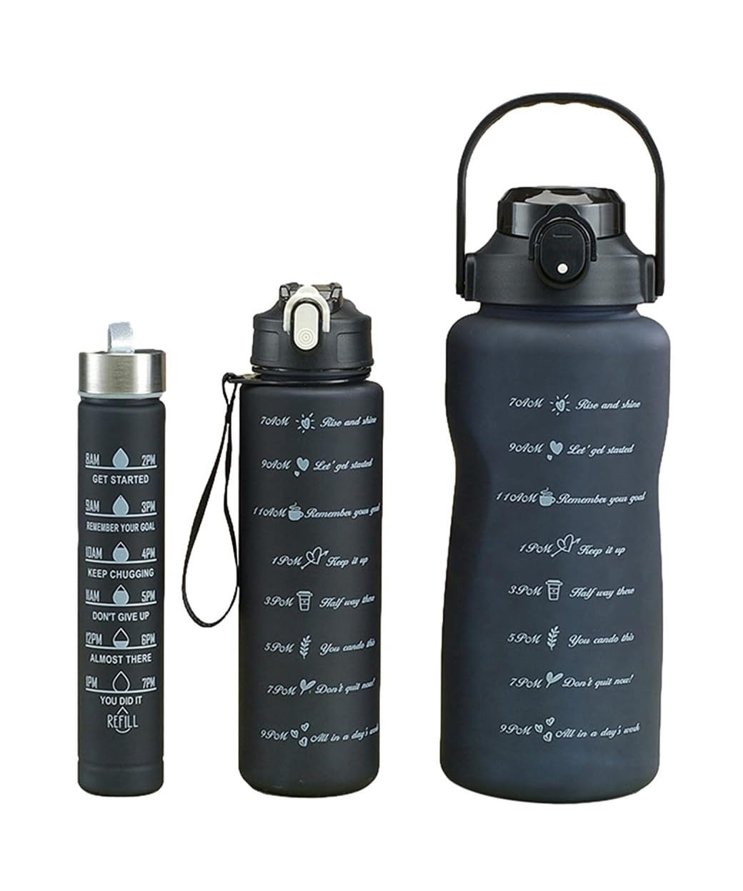 Trinkflasche Wasserflasche mit Strohhalm und Zeitmarkierung, 3er-Set, Kunststoff, Bergsteigertopf, Fitness, Sport, tragbarer Griff, Wasserbecher