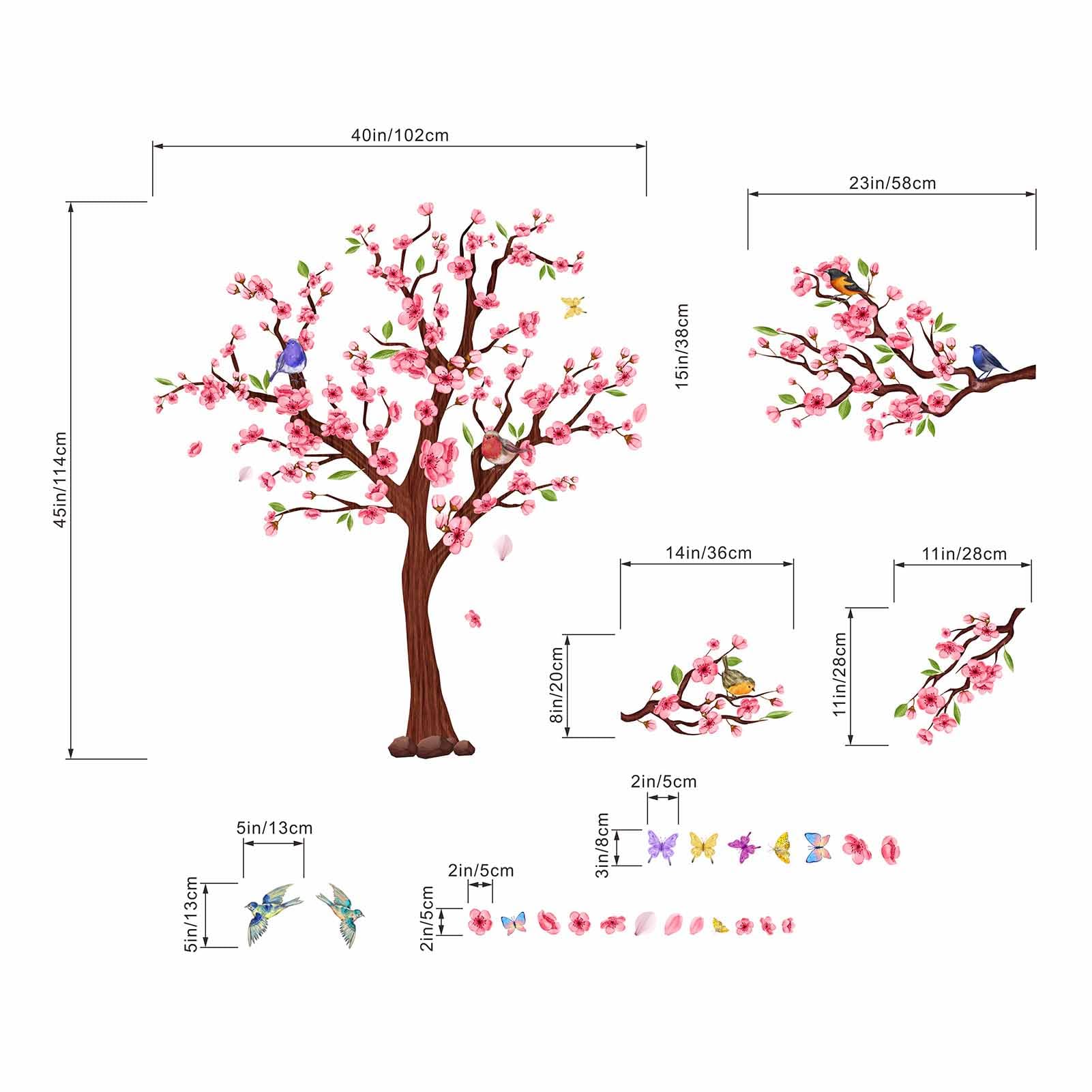 PinkEleph Large Cherry Blossom Tree Wall Stickers, Pink Flower Tree Branch Bird Floral Wall Decals - Image 4