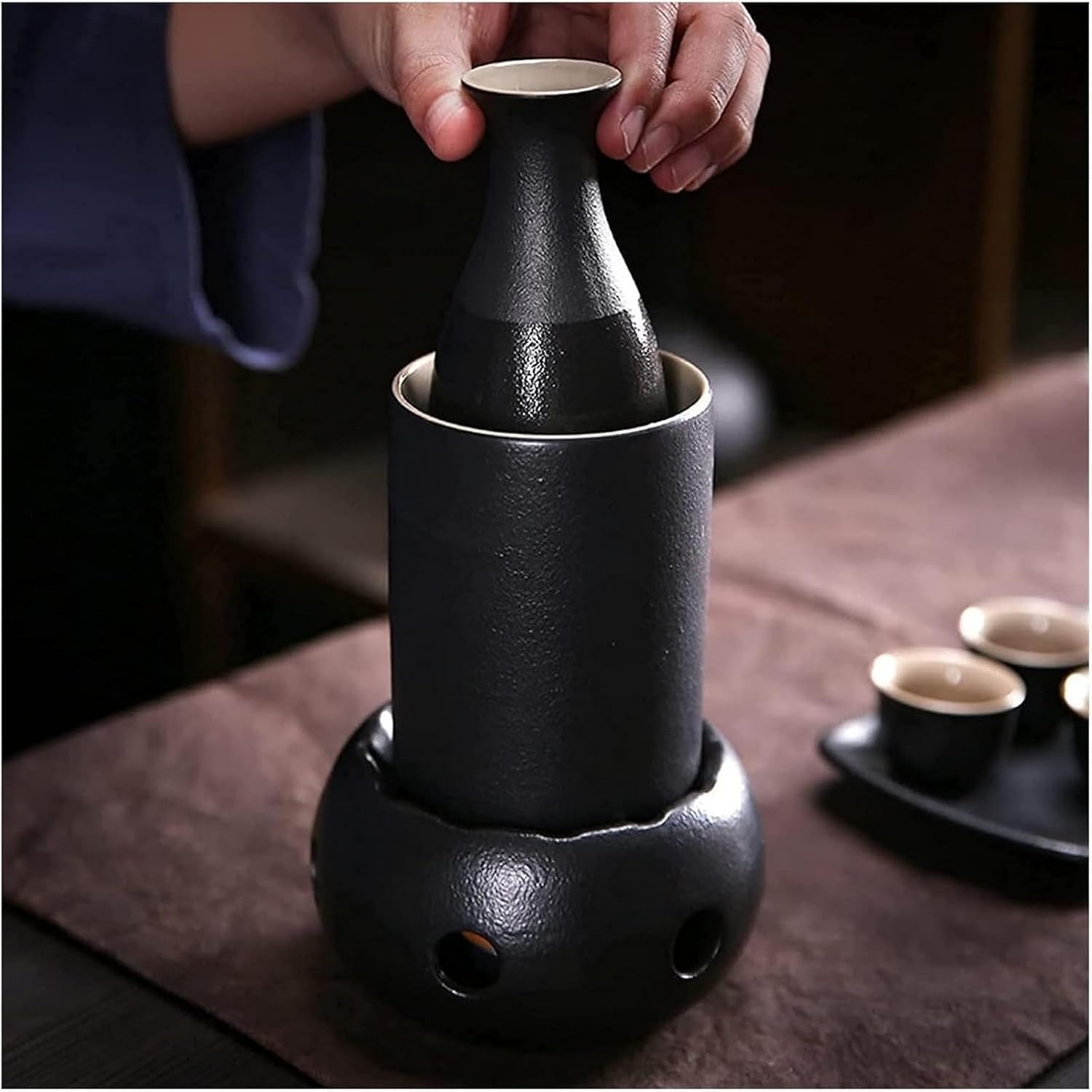 Sake Cup Set Japanese Style for Cold/Hot Sake/Shochu,Pottery Hot Set 8-Piece Including 1 Sake Pot, 4 Sake Cups (A)