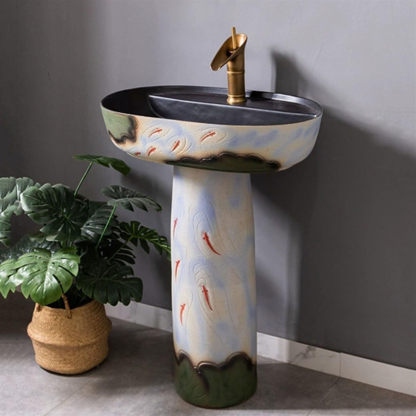 Lavabo de columna de arte retro, lavabo de cerámica, para patio, fácil de limpiar e instalar, tamaño A, B-One Size