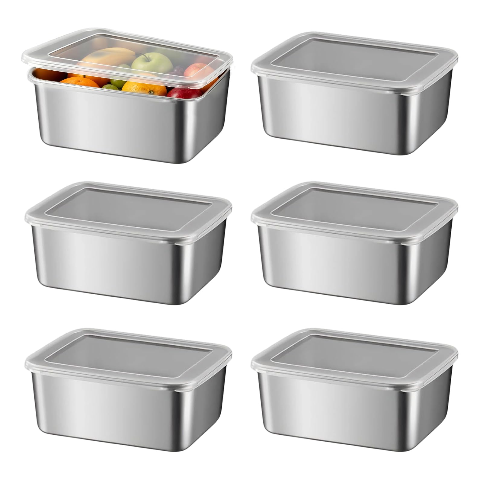 Jieshepr Sliver 6Pcs Stainless Steel Food Containers With Lids, 600Ml Reusable Meal Prep Containers, Leak Proof Food Storage Boxes For Lunch, Salad, Fridge & Kitchen