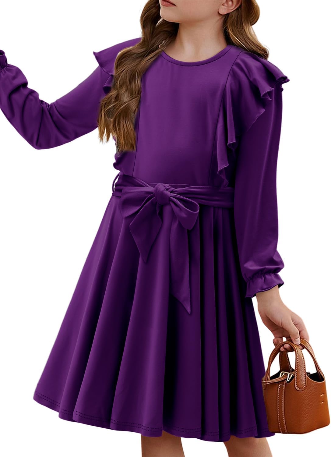 Yoklass Girls Dress Long Sleeve Ruffle Elegant Flowy Swing Dresses with Belt 4-13 Years - Image 3