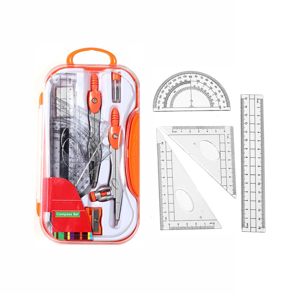 10 Pcs Maths Set, Portable Secondary School Protractor Ruler Set, Drafting Geometry Compass Tools for Students Designers Draftsmen (Orange)