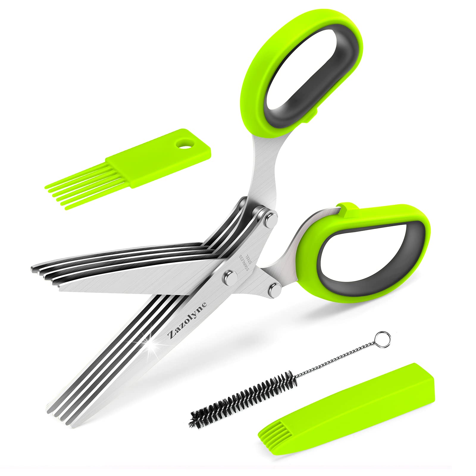 Zazolyne Herb Scissors 5 Blades with Cover Comb Cleaning Brush,Multipurpose Herbs Shears,Heavy Duty Safety Kitchen Gadgets,Chopper Mincer Salad Onion Gilantro