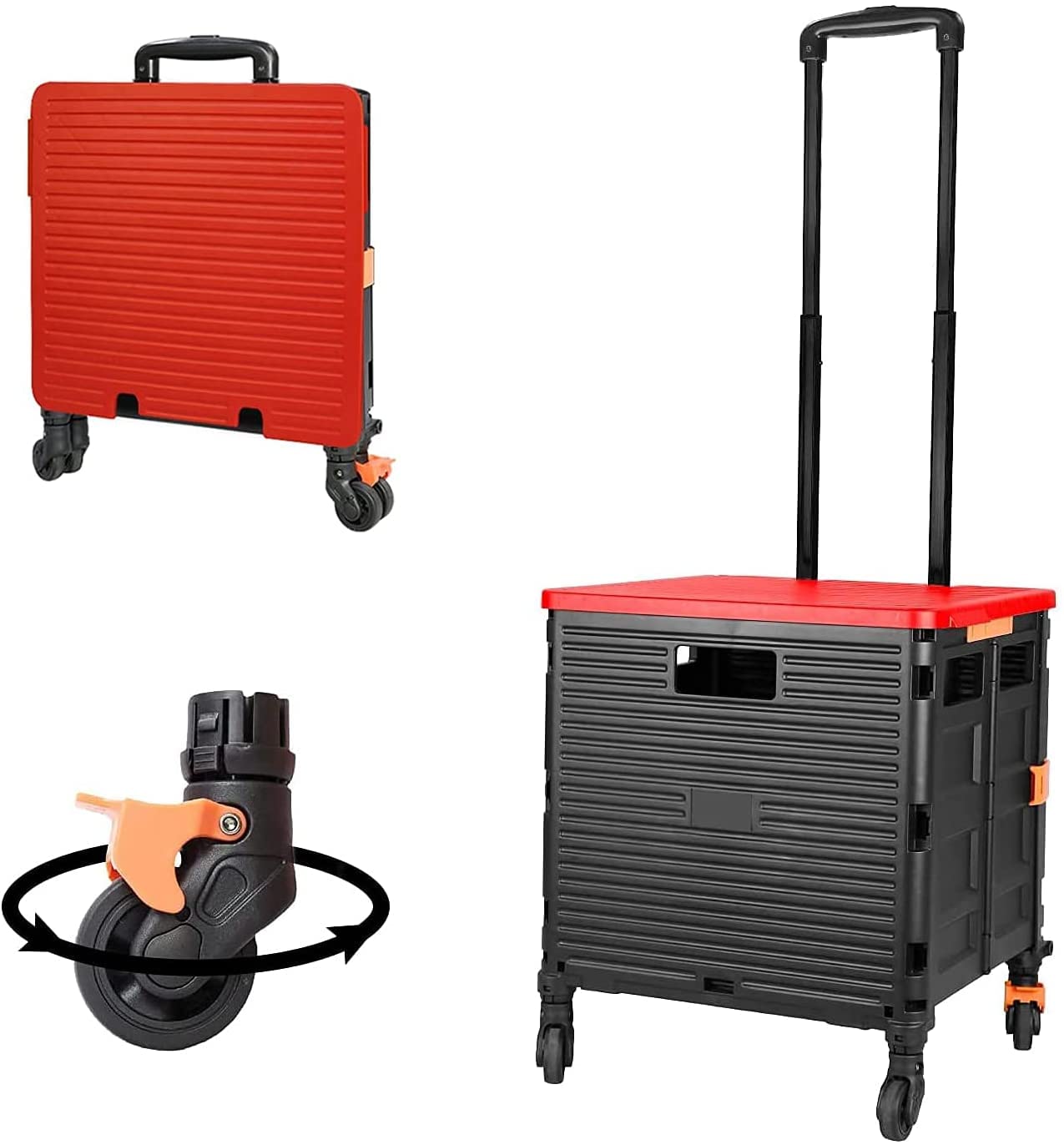 Quick Utility Cart Folding Portable Rolling Crate Handcart with Durable Heavy Duty Plastic Telescoping Handle Collapsible 4 Rotate Wheels for Travel Shopping Moving Luggage Office Use (Black&red lid)