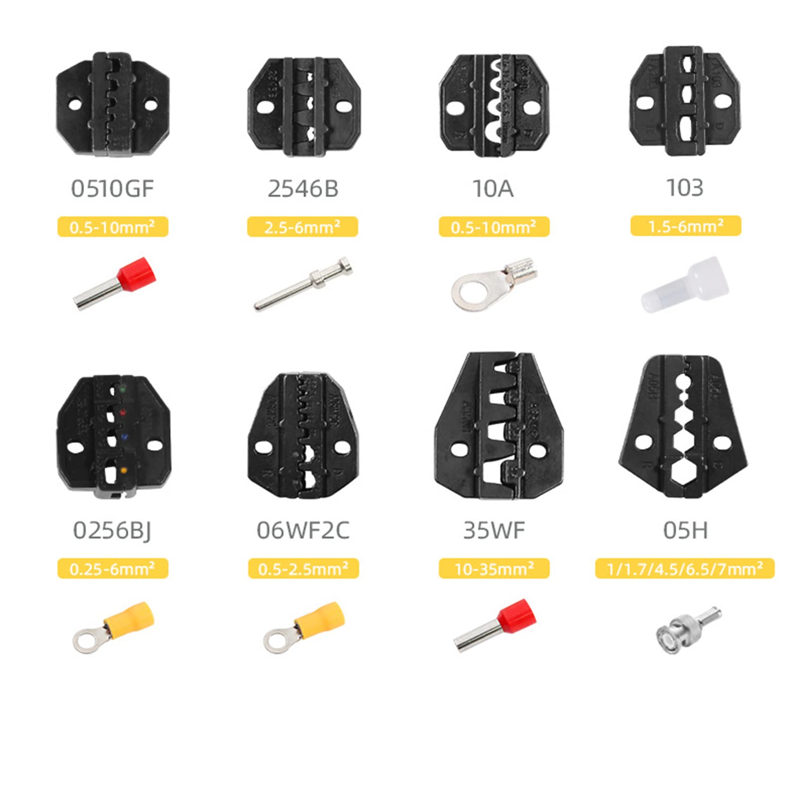 Juego de herramientas para prensar cables con trinquete con 8 mordazas intercambiables, pelacables y cortador para terminales aislados y no aislados Embalaje en bolsa Oxford de 0.5-35 mm ²