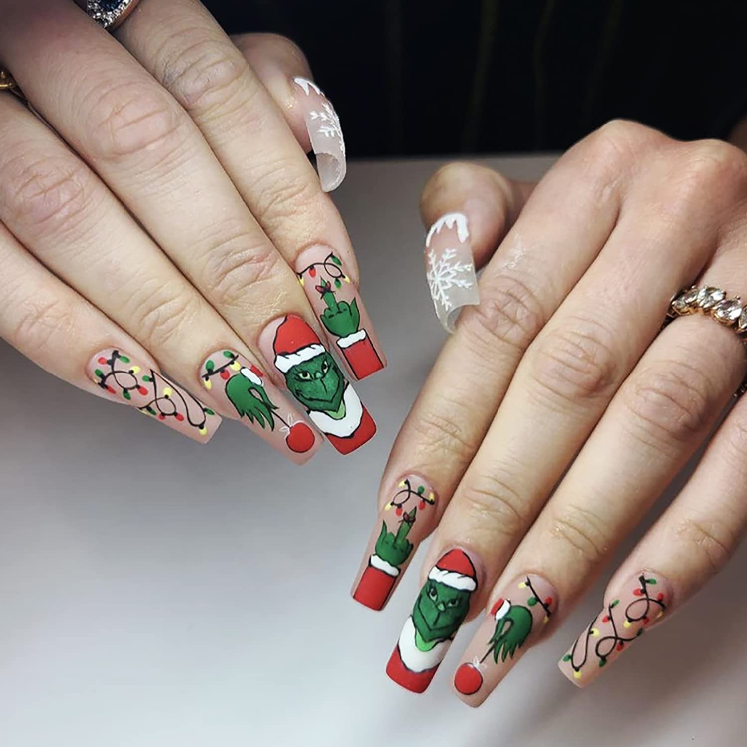 Christmas Press on Nails Long Coffin Fake Nails Christmas Grinch Glue on Artificial Nails Christmas Cartoon False Nails for Women Girl