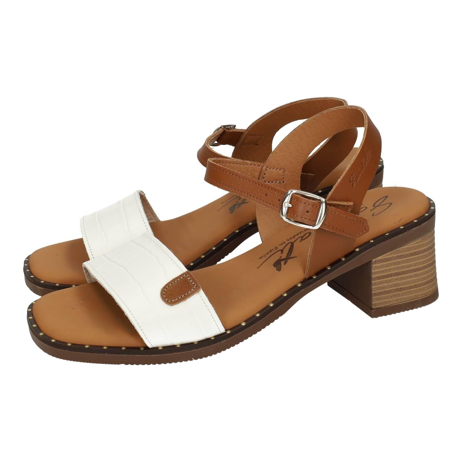Sandali M218-H6068 Calzado de Piel Blanco y Cuero con tacón bajo, Pulsera Tobillera y Plantilla Acolchada, Temporada Verano Mujer Sandalias