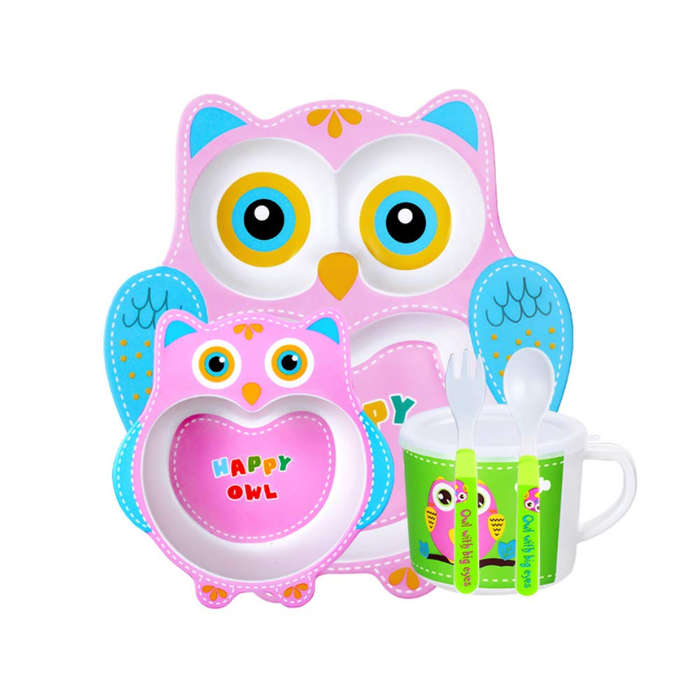 Lazeny 5 Pcs Bamboo Dinner Set for Children, Cartoon Animal Kids Dinnerware Set with Board Food Divided Plate Bowl Cup Spoon Fork, Baby Tableware Dishware Set, BPA Free and Dishwasher Safe (Eule)