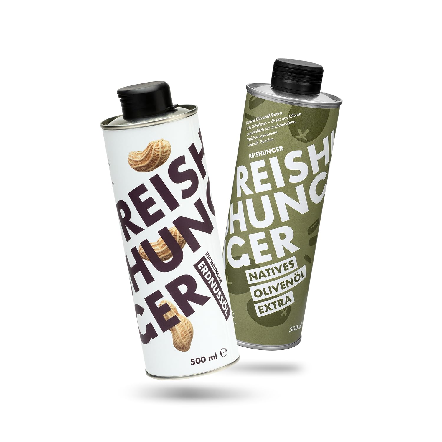 REISHUNGER – 2 x 500 ml – Probier Set – Natives Olivenöl Extra aus Spanien & Naturbelassenes Öl aus gerösteten Erdnüssen – Perfekt zum Verfeinern & den puren Genuss