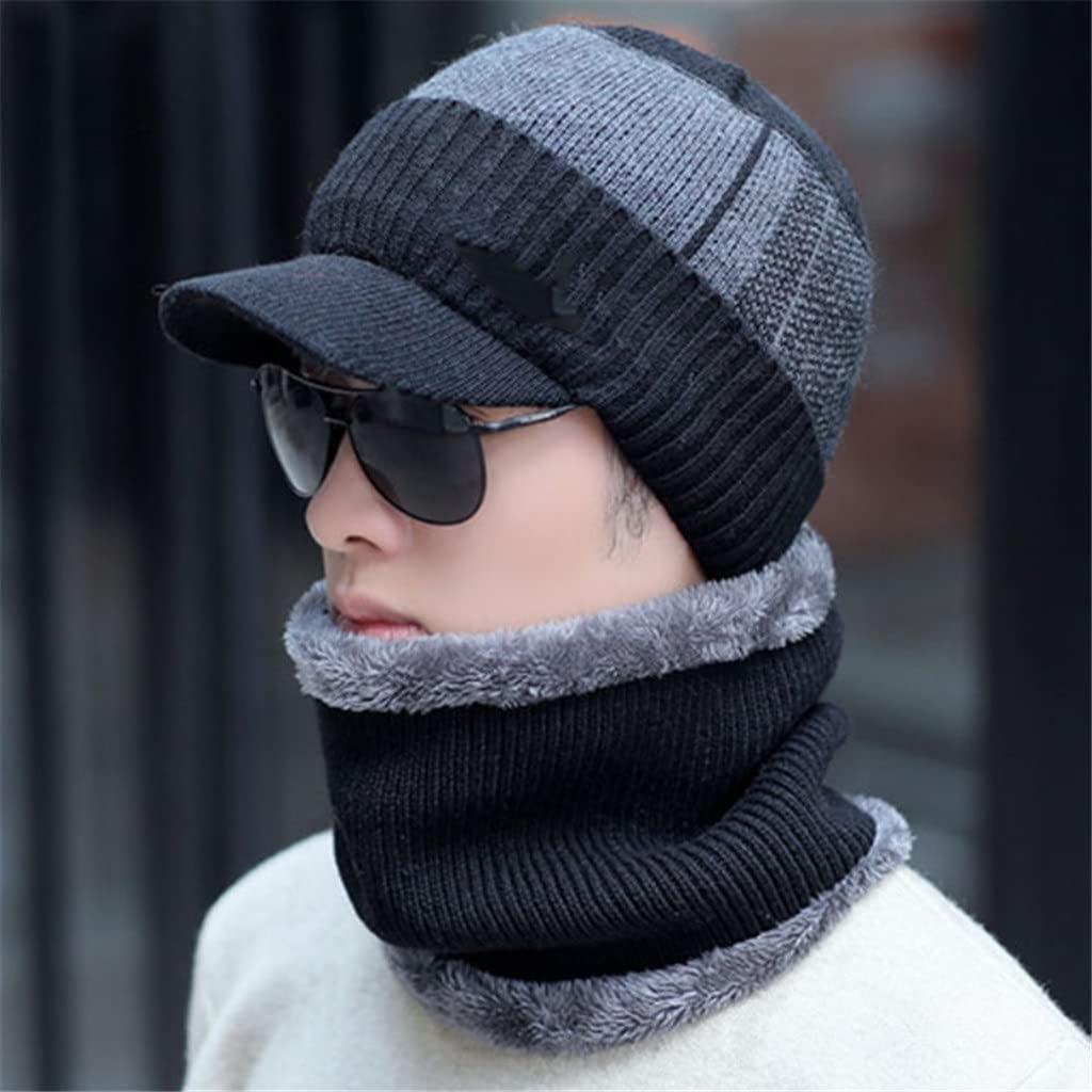 Wintermützen-Schal-Set für Herren, Beanie-Mütze, Mütze, Herren, Wollschal, Mützen, Sturmhaube, Motorhaube, Strickmütze (Farbe: D, Größe: Talla ?nica) (3er-Pack)