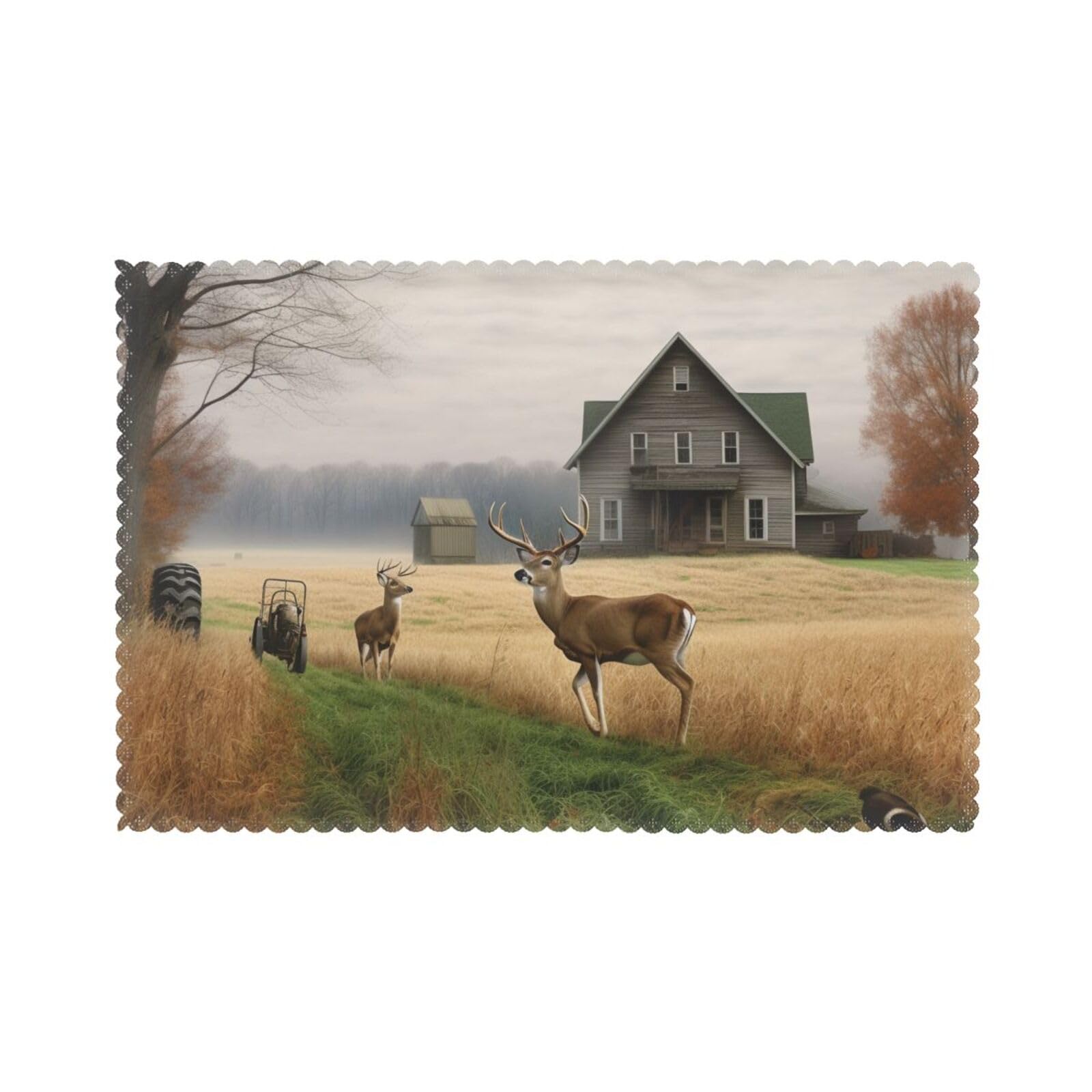 Farm with Deer Printed Placemat Heat Resistant Place Mats Set of 6 PCS Washable Kitchen Table Mats, 12x18 Inch