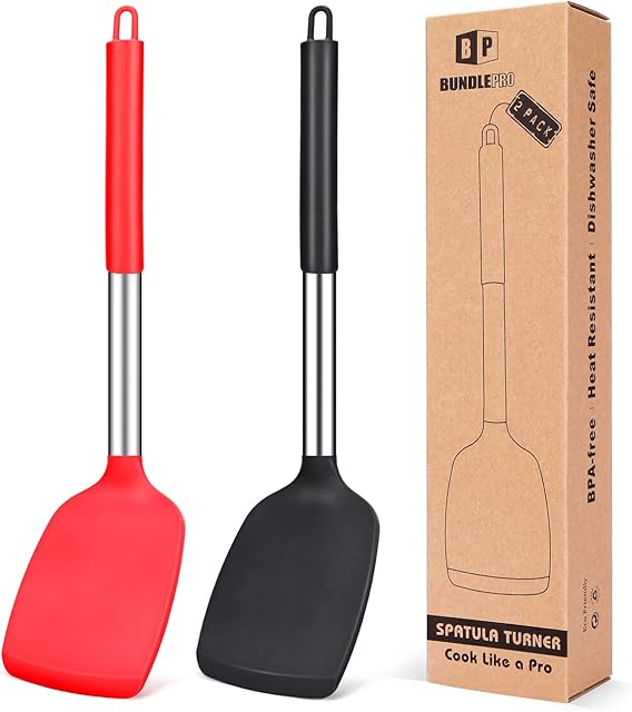 Pack of 2 Silicone Spatula, Non Stick Solid Kitchen Turner, High Heat Resistant BPA Free Cooking Slotted Spatulas, Ideal Cookware for Fish ,Eggs ,Pancakes (Black-Red)