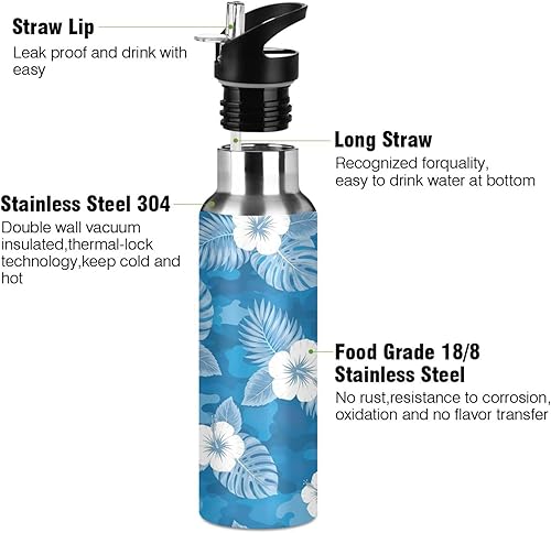 Miniatura 3 de Stainless Steel Vacuum Insulated Water Bottle 20 Oz, Leakproof Water Bottles for Gym Outdoor Travel School, Flowers Tropical Leaves Blue
