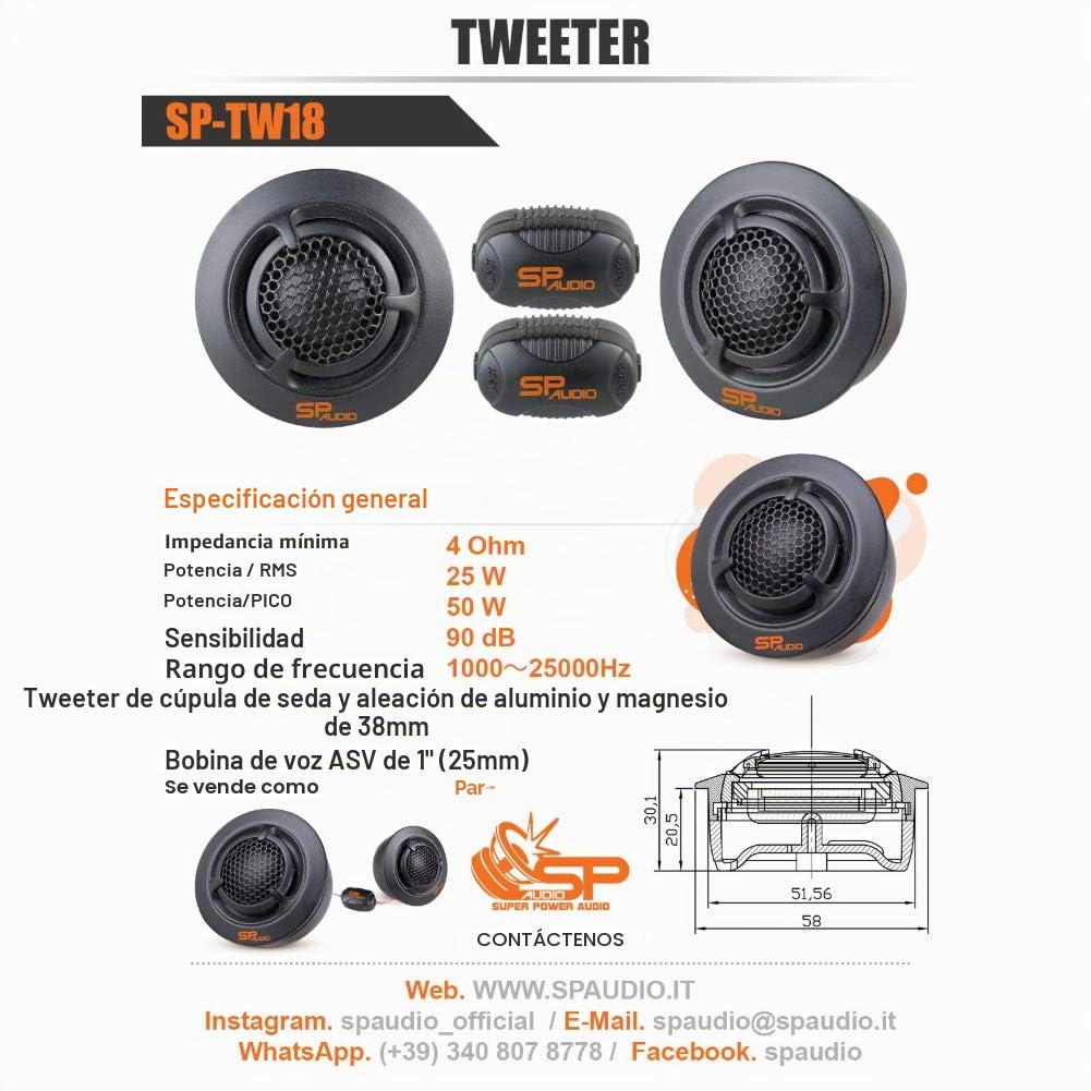 2 SP AUDIO SPTW-18 SP TW18 tweeter con 25 W RMS y 50 W máx. 5,8 cm de diámetro con profundidad reducida, solo 2,05 cm, sensibilidad 90 dB spl coche, por par