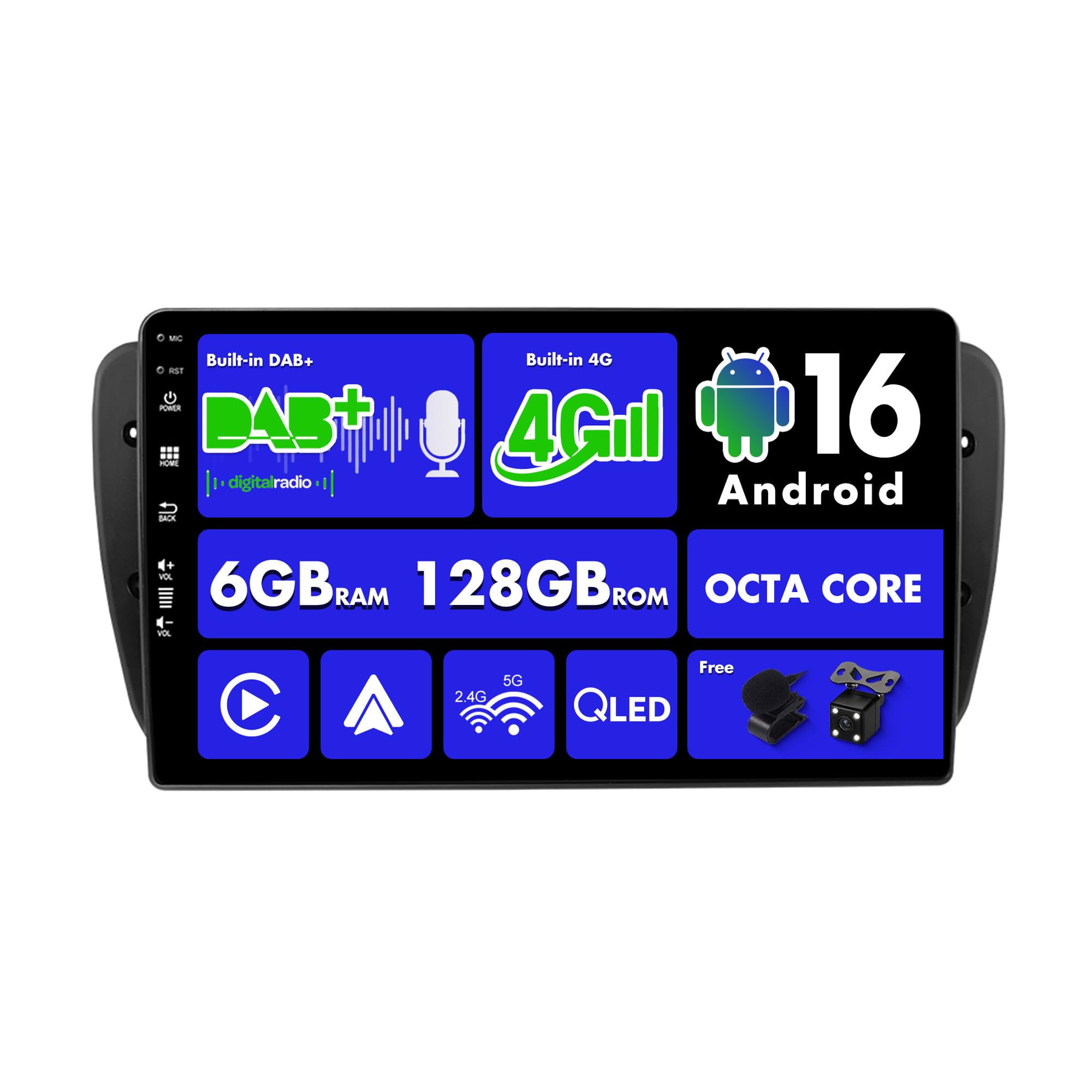 SXAUTO -[Built-in 4G / DAB]- Android 16-6G+128G - Autoradio für Seat Ibiza 6J (2009-2014) - Eingebaut Carplay/Android Auto - Kamera + MIC - DSP 360-CAM Lenkradsteuerung Fast-Boot HDMI - 2 Din IPS 9”