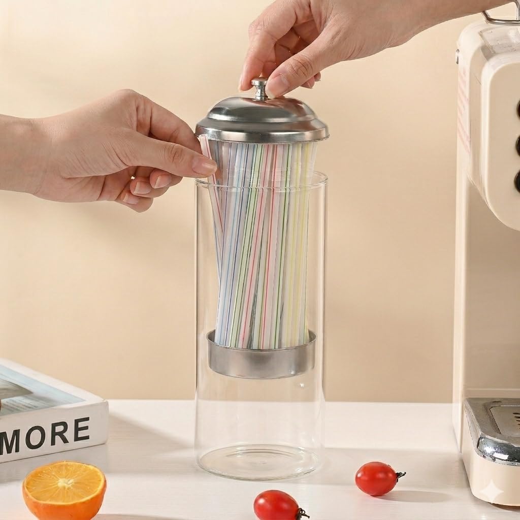 Fox Run Glass Straw Holder with Stainless Steel Lid & Lifter, 3.5" x 10.5" Dispenser with 100 Straw Capacity