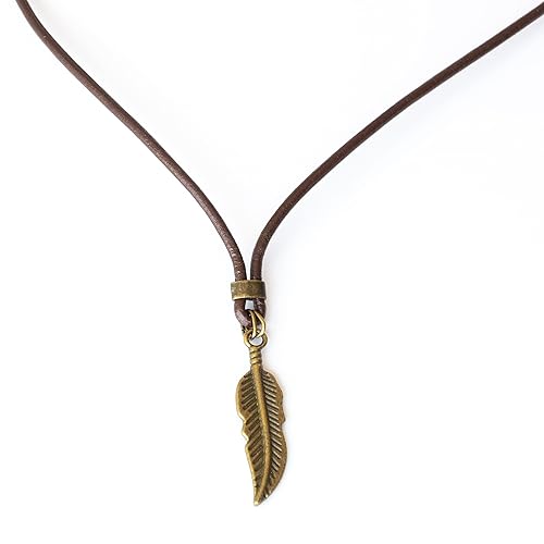 Men's Feather Necklace, Short Brown Leather & Brass Pendant Choker Necklace for Men, Spiritual Nature Inspired Hippie Festival Choker for Men,