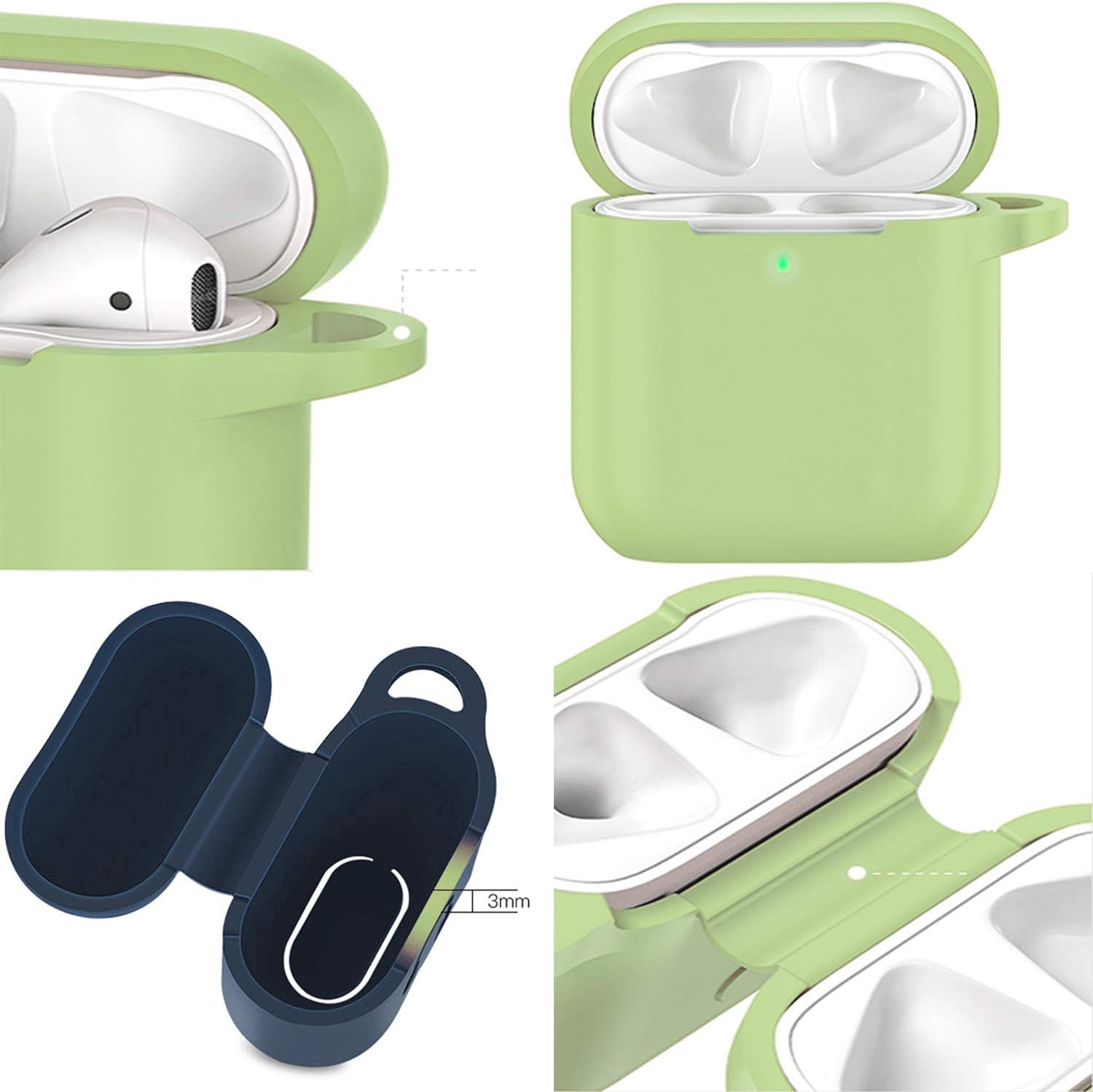 Airpods Case, Music tracker Protective Thicken Airpods Cover Soft Silicone Chargeable Headphone Case with Anti-Lost Carabiner for Apple Airpods 1&2 Charging Case (Matcha Green)