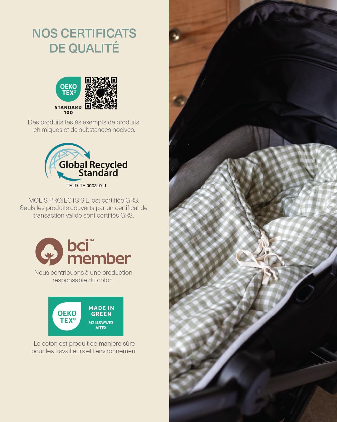 molis&co - Chancelière d'hiver pour bébé - Matériaux 100% Oeko-Tex - Coupe-Vent - pour Poussette d'hiver (TOG 6.5) - Convient pour Toutes Les poussettes - Mint Tea