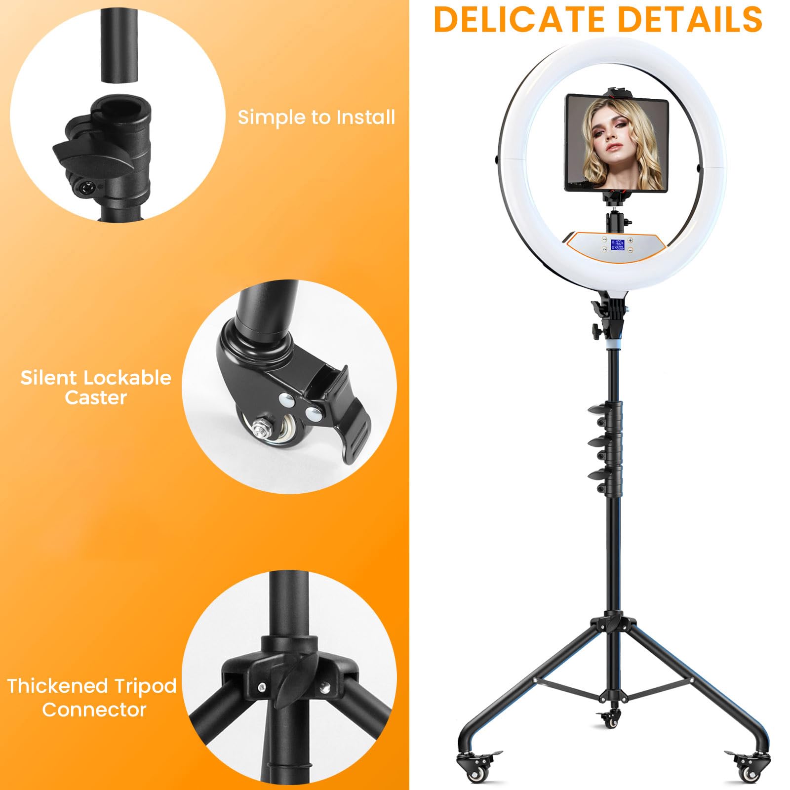 22 Zoll großes Ringlicht mit Ständer, verbesserte Faltbare LED großes Ringlicht mit 75 Zoll Stativ und Mini Stativ Rad Schublade für Live-Tattoo Make-up Videoaufnahme Friseur Fotografie