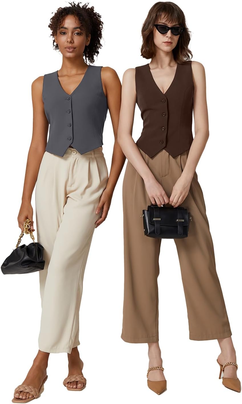 QINSEN Womens Vest Top V Neck Sleeveless Button Down Lined Going Out Crop Tops Coffee Bean XL - Image 5