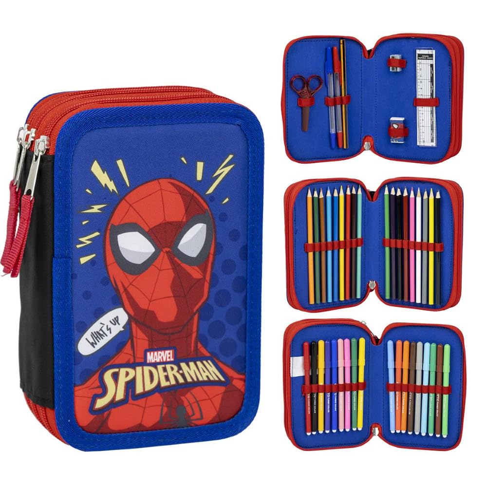 CARTOON Estuche Spiderman Marvel estuche multicompartimento 3 cremalleras para la escuela completo 44 piezas bolígrafos lápices colores rotuladores, Spiderman (1), Estuches