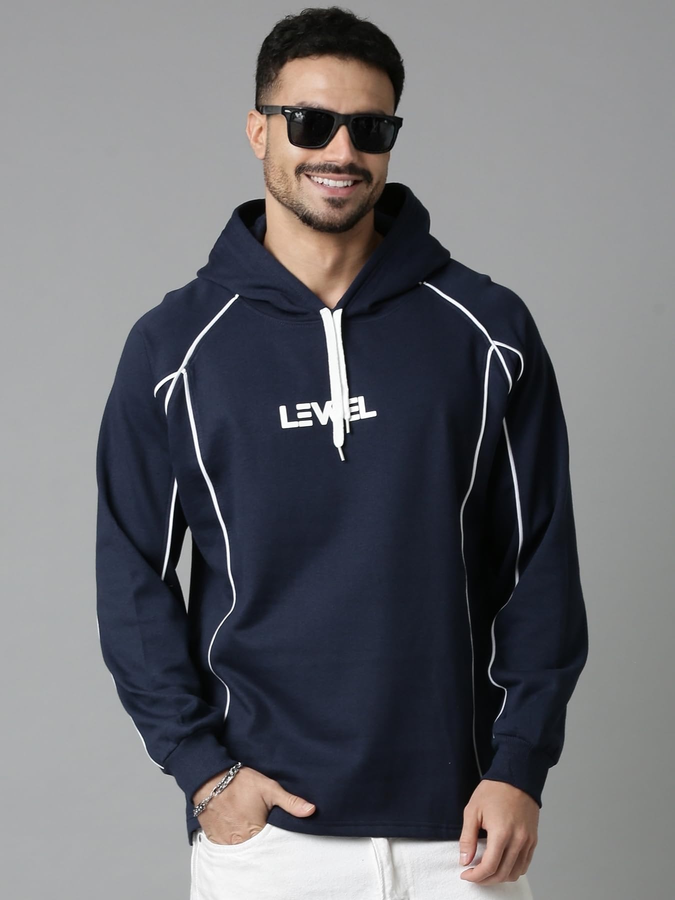 lewel Men's Stylish Multi Panelled Self Design Full Sleeve Hooded Sweatshirt (Navy)-picture-38