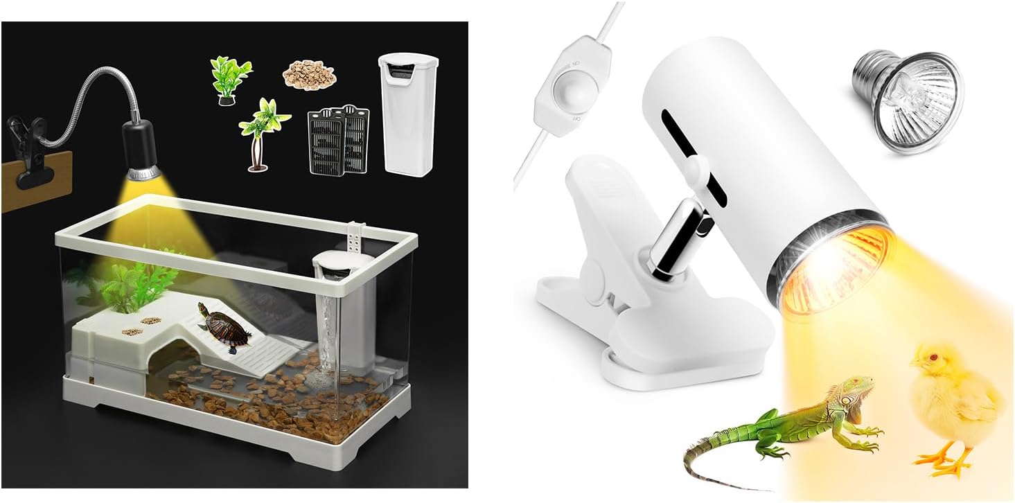 PC Turtle Tank Kit and Reptile Heat Lamp with 50W UVA UVB Light Bulb