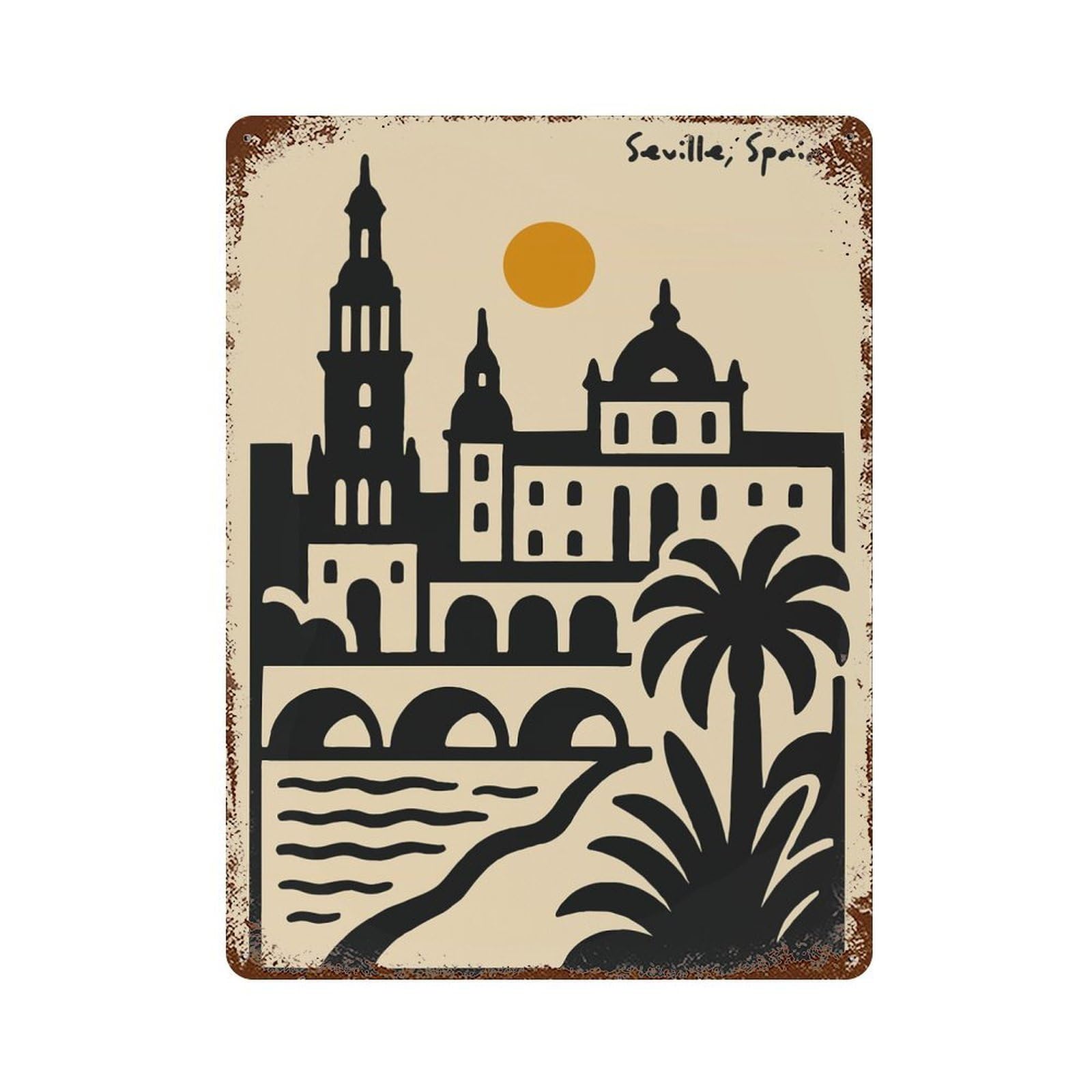Seville, Spain Cityscape Illustration Rusty Metal Tin Sign 15.7"x11.8", for Pub, Kitchen And Man Cave Decor, Novelty Wall Decor