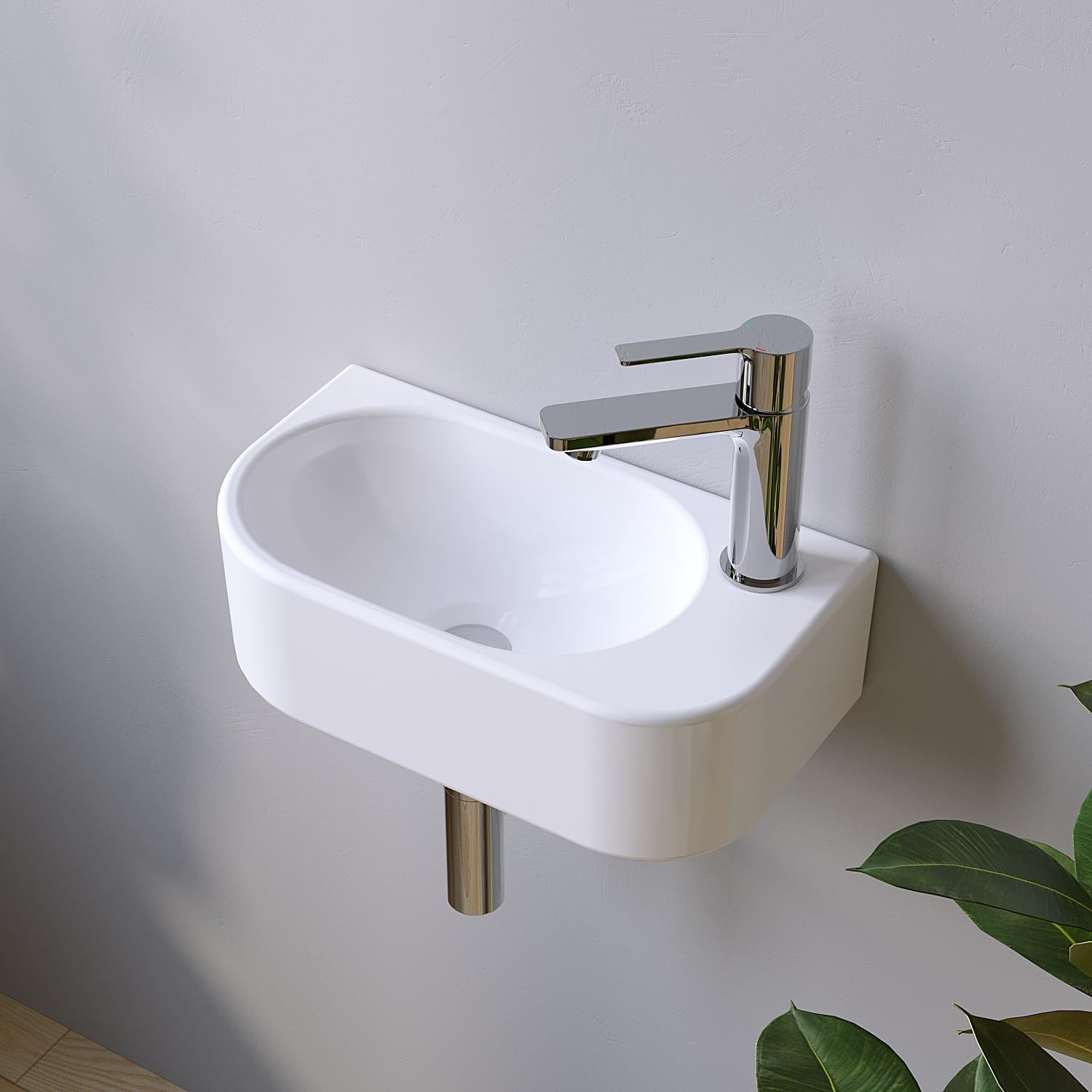 Umywalka ceramiczna podwieszana mała do ręcznego mycia, kolor biały, owalna 40 x 21 cm, do łazienki, WC dla gości, otwór na baterię po prawej stronie z wkrętami stolarkowymi | BEZ przelewu | BEZ