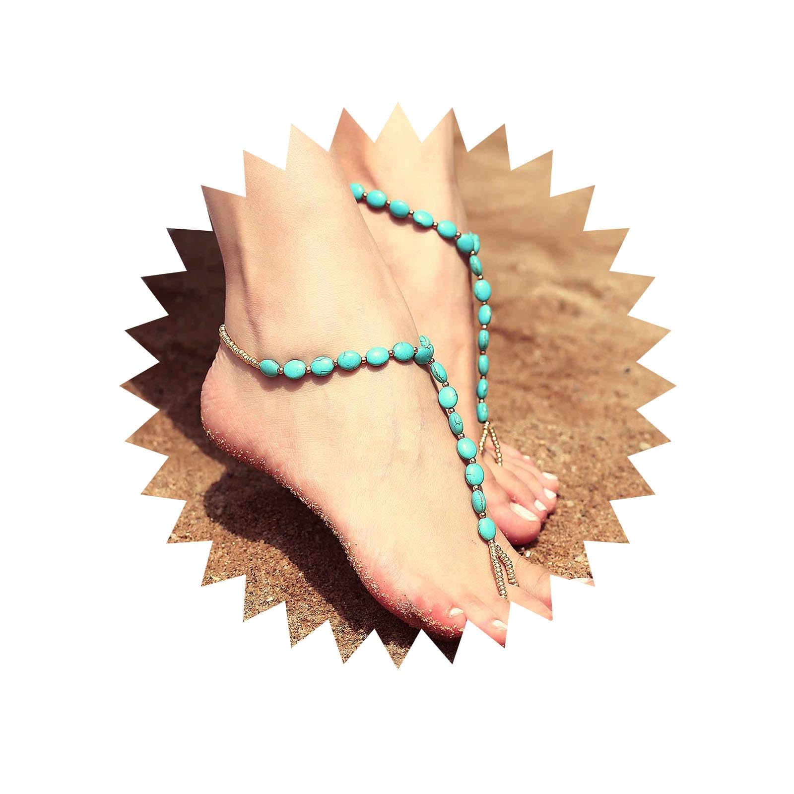 Bracelet De Cheville Boho Bleu Turquoise - Perles Ovales Et Chaîne Or - Taille Ajustable, Pour Femmes Et Adolescentes - Idéal Plage, Vacances, Cadeau