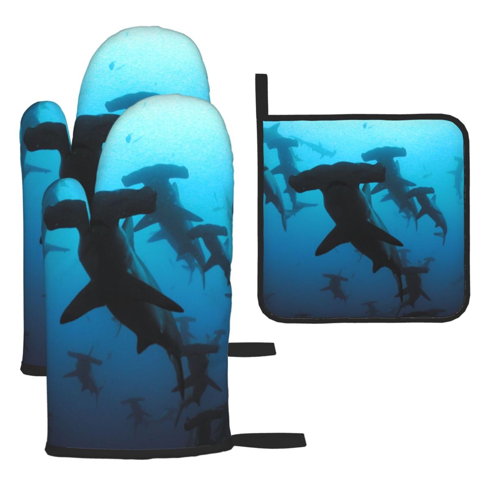 Hammerhead Sharks Print Oven Set Kitchen Gloves Baking Grilling Microwaving Cooking Gift Everyday Holiday