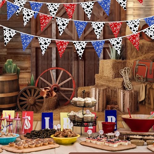 Image of 32Ft Western Cowboy Party Decorations Red Paisley Blue Bandana Pennant Banner Fabric Triangle Flag Garland Streamers for Western Cowboy Birthday Yee Haw Country Rodeo Party Decor Supplies