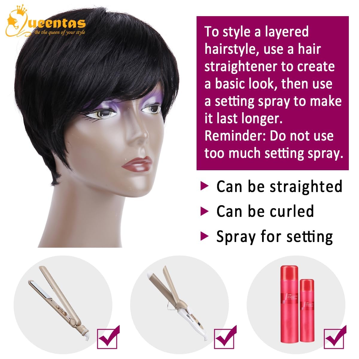 QUEENTAS Human Hair Wig Short Wigs for Black Women Pixie Cut Wig Brazilian Glueless Real hair Wigs for Daily Use(Natural Black#1B) - Image 4