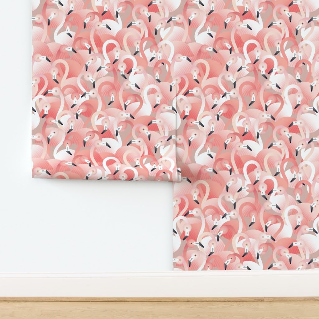 Spoonflower Removable Wallpaper 3ft x 2ft - Flamingos Pink Birds Animals Taupe Tropical Custom Pre-Pasted Wallpaper