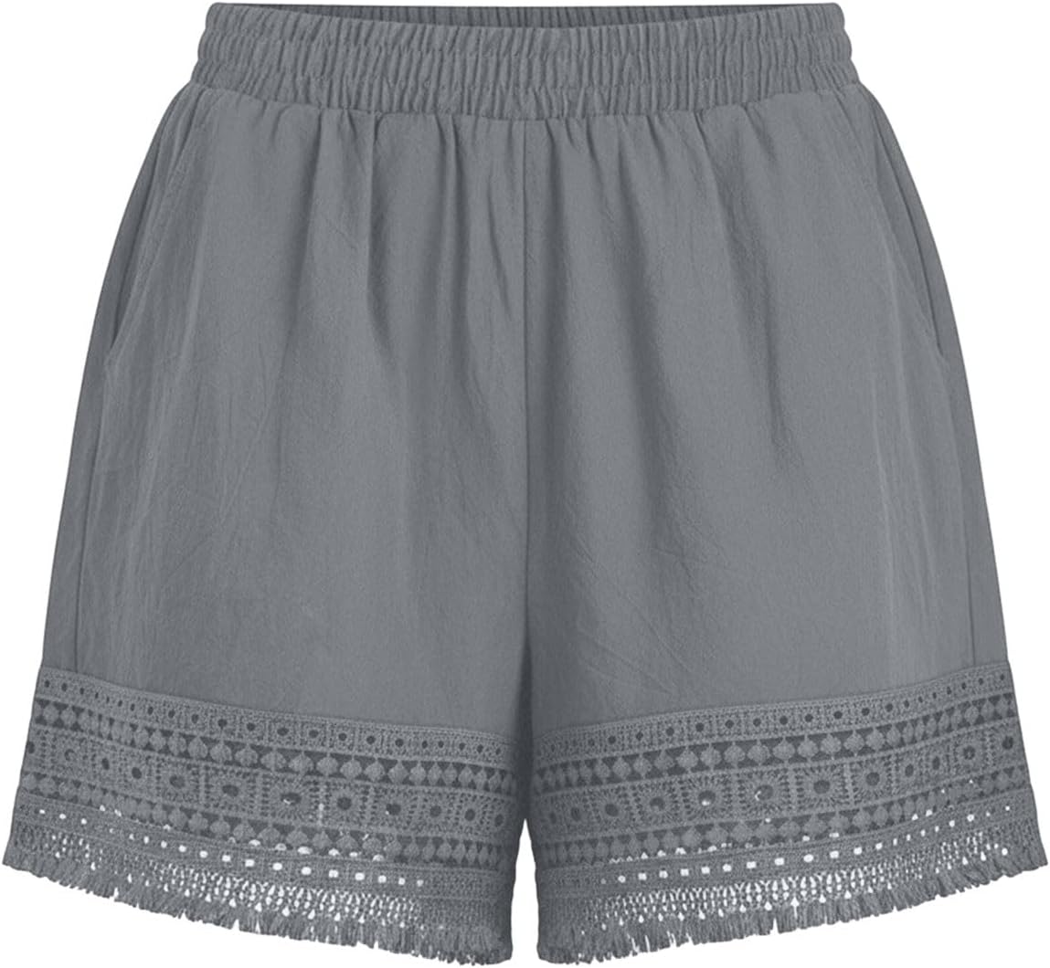 Lace Trim Shorts for Women, Casual Elastic Waist Summer Beach Short | Standard Loose Fit, Mid Rise Elasticated, Scalloped Lace Hem, Crinkled Weave, Home Lounge Resort Vacation Wear