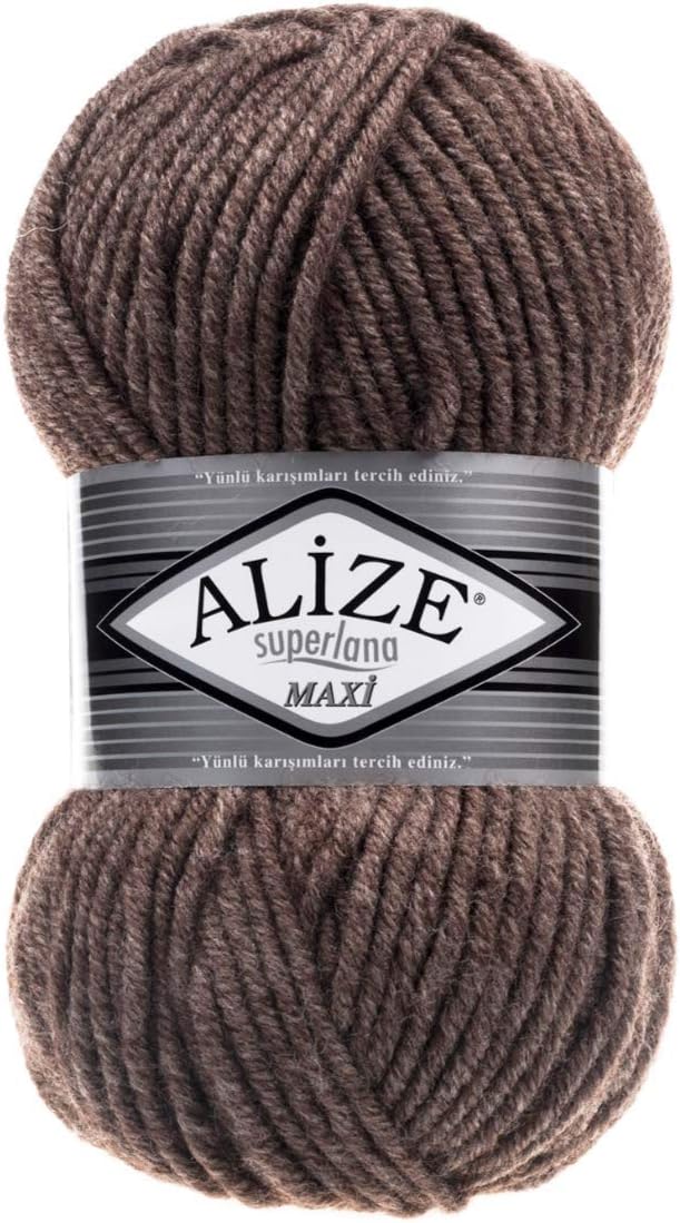 Alize Superlana Maxi 25% Wool - 75% Acrylic Lot of 4 Skein Yarn Thread Crochet Lace Hand Knitting Turkish Yarn 400gr 437 yds Color (240 - Milky Brown Melange)