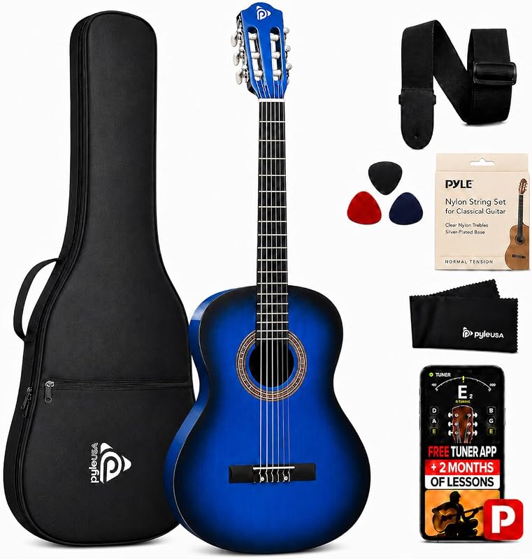 Pyle Kit de guitarra acústica clásica para principiantes de 36 pulgadas, guitarra de cuerdas de nailon junior de tamaño 3/4 para niños y adultos, incluye bolsa, correa, cuerdas de repuesto, púas, paño de limpieza, 18 trastes, ráfaga azul
