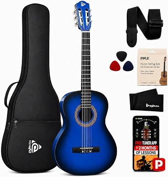 Pyle Beginner Acoustic Guitar Kit, 3/4 Junior Size All Wood Instrument for Kids, Adults, 36" Blue Burst